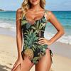 Women's Swimsuit with Tropical Leaf and Floral Print Adjustable Side Drawstring Scoop Neck Bathing Suit