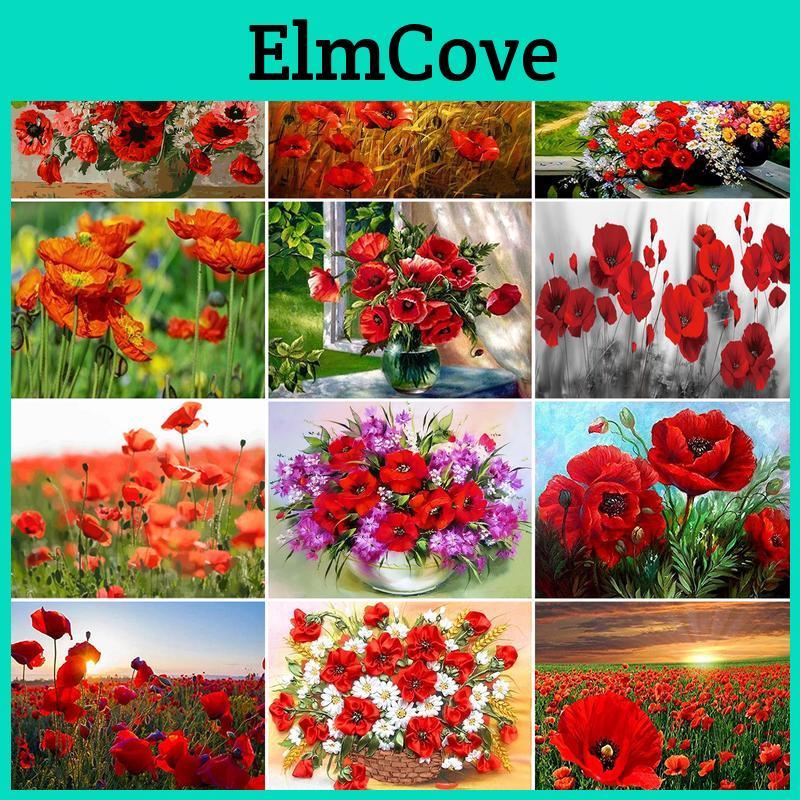 Round Diamond Painting Full Drill Red Flowers For Adults Children Diamond Art Embroidery Home Decoration