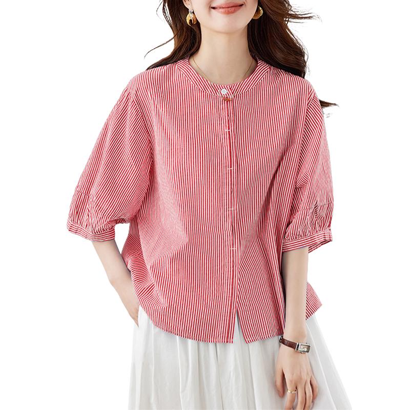 

ZANZEA Женская летняя блузка с круглым вырезом, рукавом до локтя и повседневным полосатым принтом 5XL красный