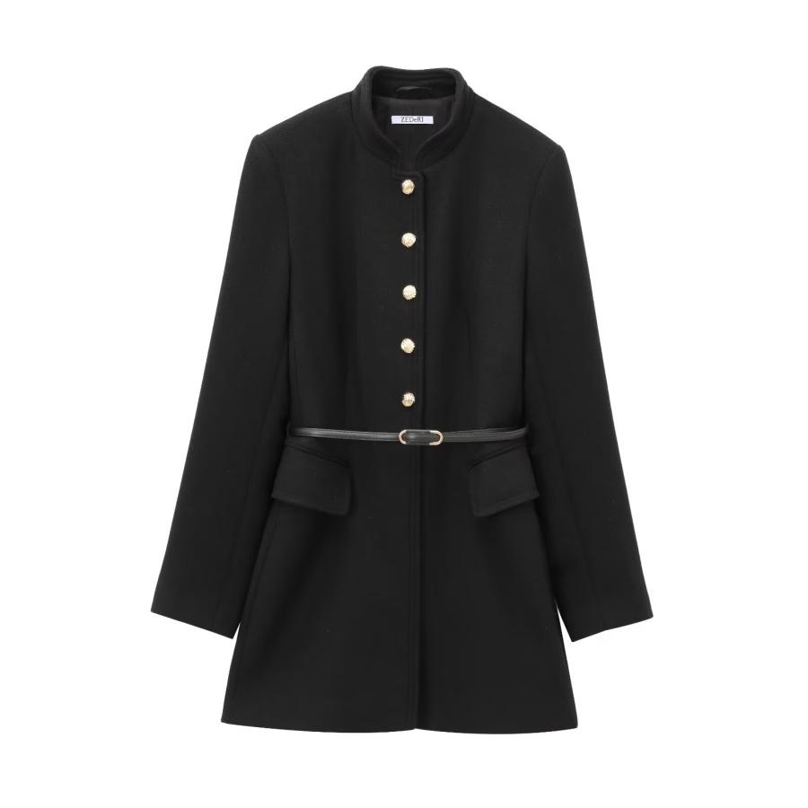 

Осенне-зимнее женское пальто с поясом из шерстяной смеси с воротником-стойкой и длинными рукавами XS чёрный
