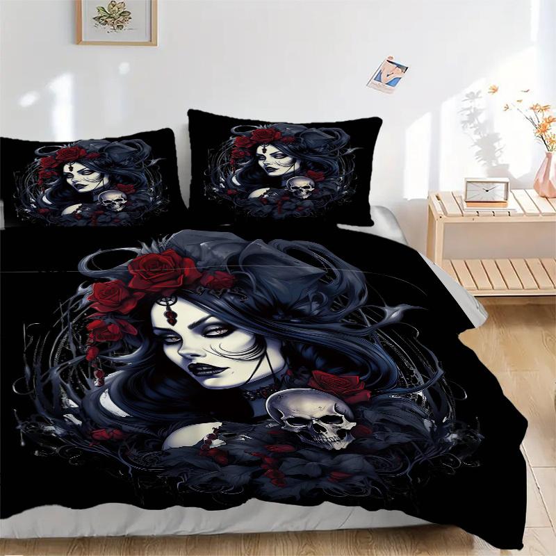 3pcs Gothic Portrait with Skull and Red Roses Bedding Set - Includes Quilt Cover and Pillowcases, Suitable for All Seasons, Machine Washable - Id