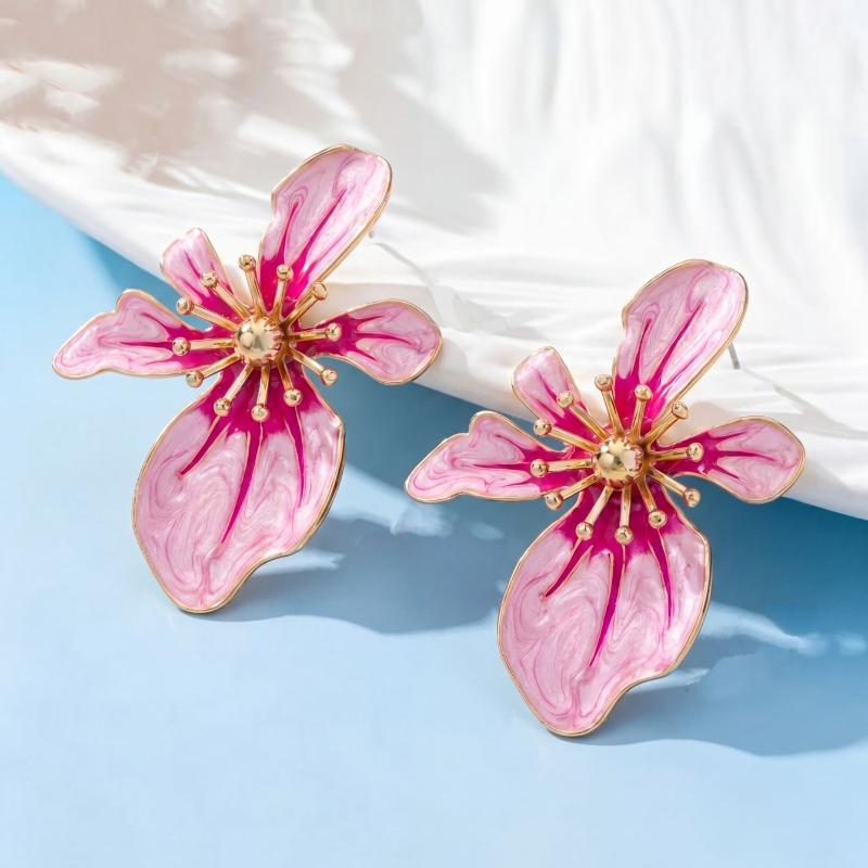 Marbled Enamel Flower Earrings with Polished Gold Trim Lovely Chic Design for Wedding Prom Party Gift for Her
