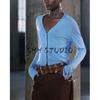 Summer New Women clothes Preppy Single Row Multi-Button Fine Needle Long sleeve V-neck Simple Knitted Outerwear 9598088