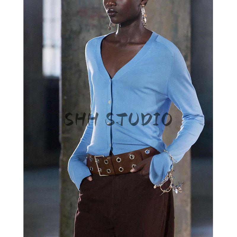 Summer New Women clothes Preppy Single Row Multi-Button Fine Needle Long sleeve V-neck Simple Knitted Outerwear 9598088