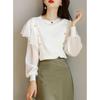 Women's Chic Chiffon Blouse - Autumn 2025 Round Neck, Ruffle Puff Sleeves, Patchwork Design, Small Size, A391.