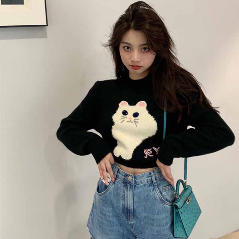 

Дизайнерский мягкий свитер с круглым вырезом для женщин, осень и зима, короткий свободный мягкий свитер с милым котом, верхняя часть, осень и зима L чёрный