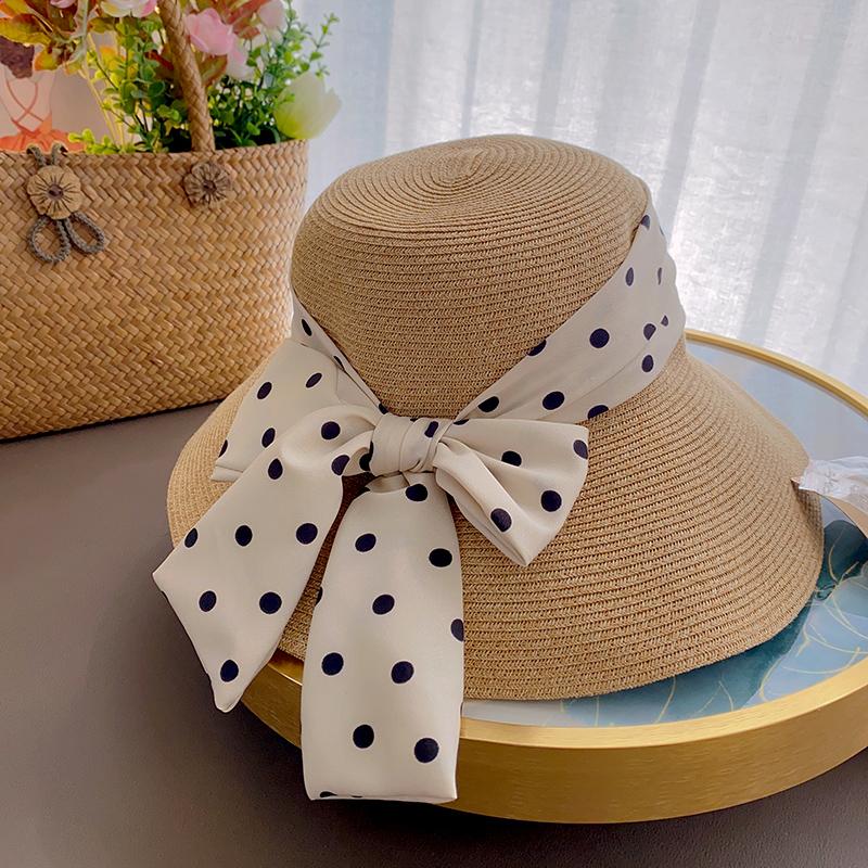 Big edge straw hat polka dot long bow hat women's summer sun hat seaside travel sun hat big eaves bucket hat