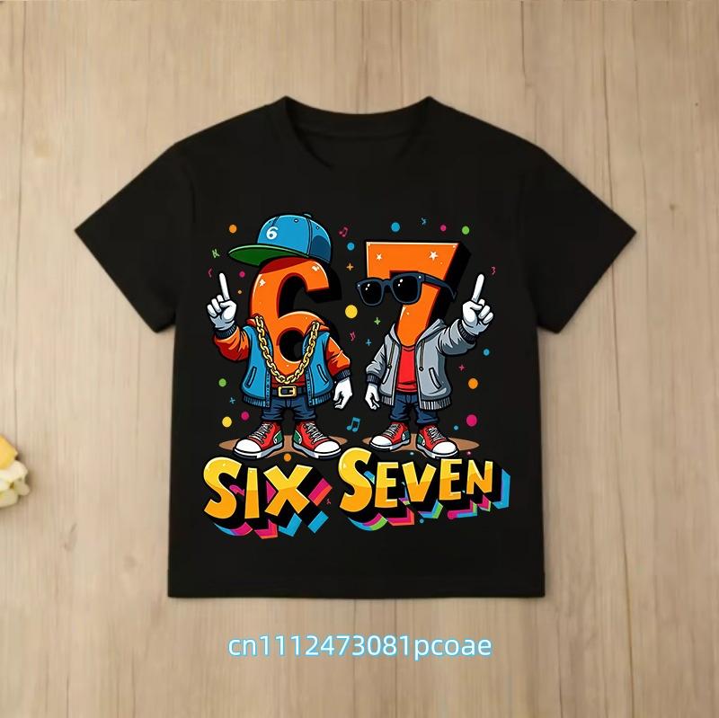 summer short sleeve, cartoon print 2026 personalized digital 67 T-shirt for boys and girls, family style, casual top