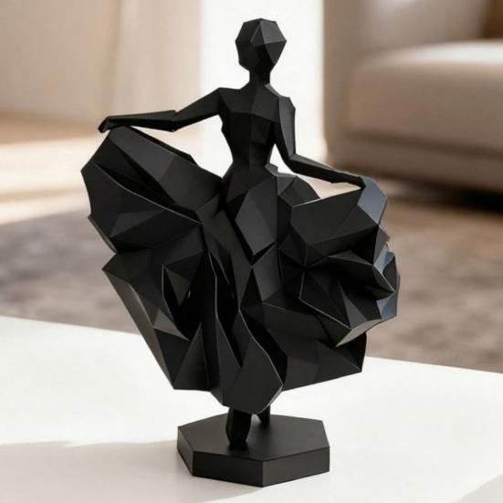 Geometric Faceted Dancer Figurine, 3D Printed Black Ballet Dancer Statue, Modern Ballerina Sculpture for Home Shelf Table Decor