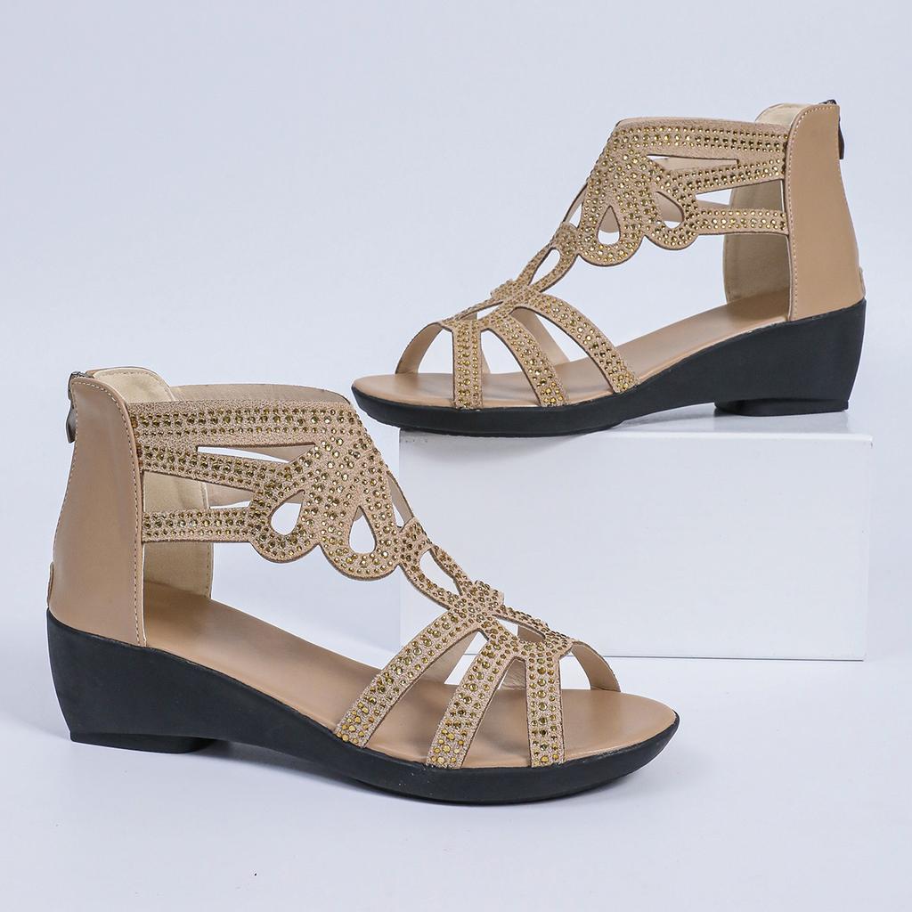2025 New Platform Wedge Sandals Roman Fish-mouth Heels Women's Shoes Rhinestone Leisure Lightweight Rubber Sole Sandals