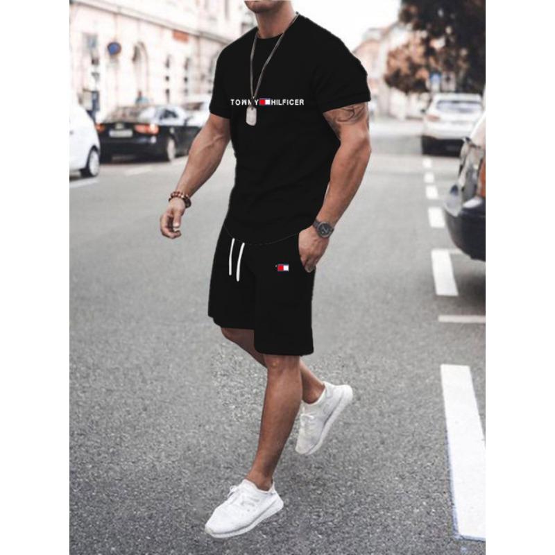 Set Sport Bărbați Două Piese Imprimat 3D Gât Rotund Tricou Model Colorat Imprimare cu Litere Casual Fitness Topuri cu Mânecă Scurtă Pantaloni Scurți