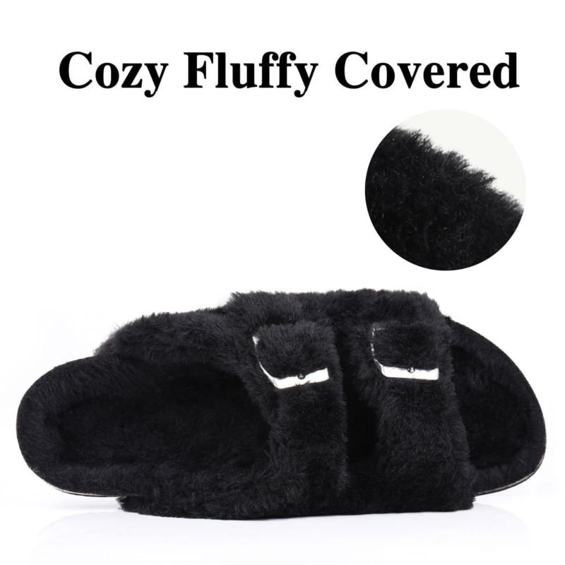 Fashion Kidmi Womens Fuzzy Slippers with Arch Support Adjustable Buckles New Fashion Cork Footbed Slides Open Toe Indoor Shoes for Women