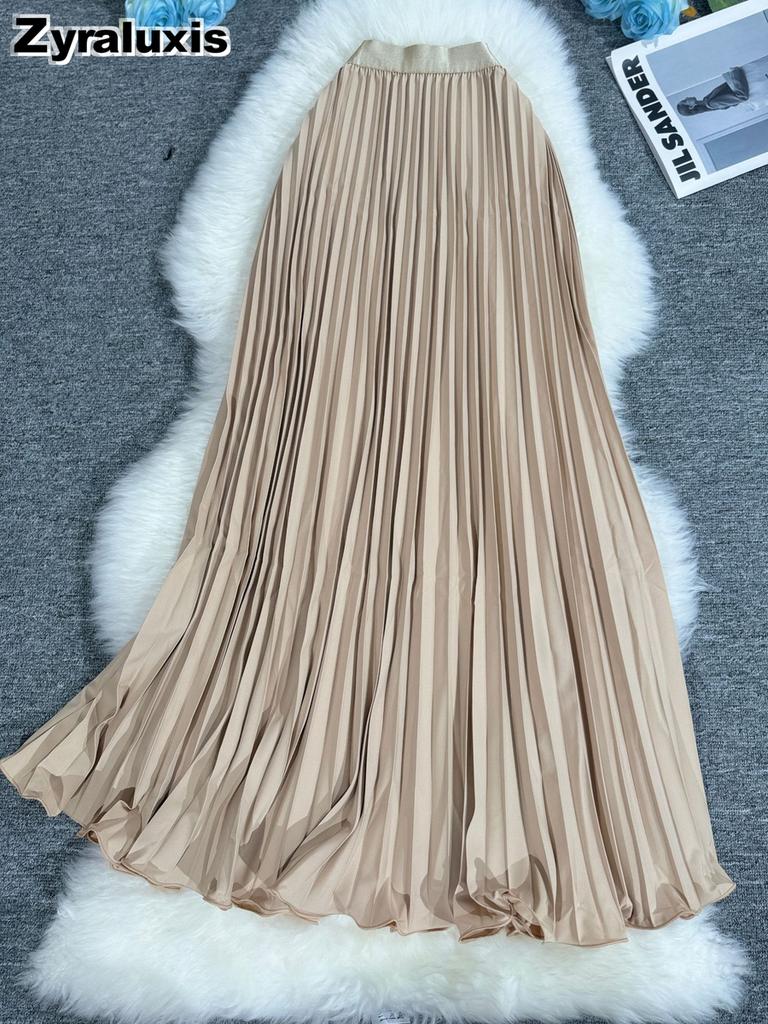 Wavy Edge Pleated Skirt High Waist Slimming Office Wear Versatile Long Dress for Women