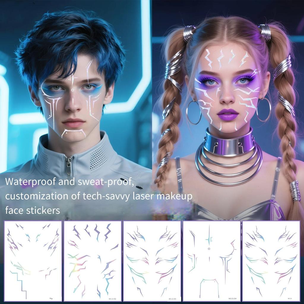 NEW Laser Temporary Tattoo Stickers Anime Cosplay Stage Performance Makeup Waterproof Facial Sticker Halloween Party Decorations