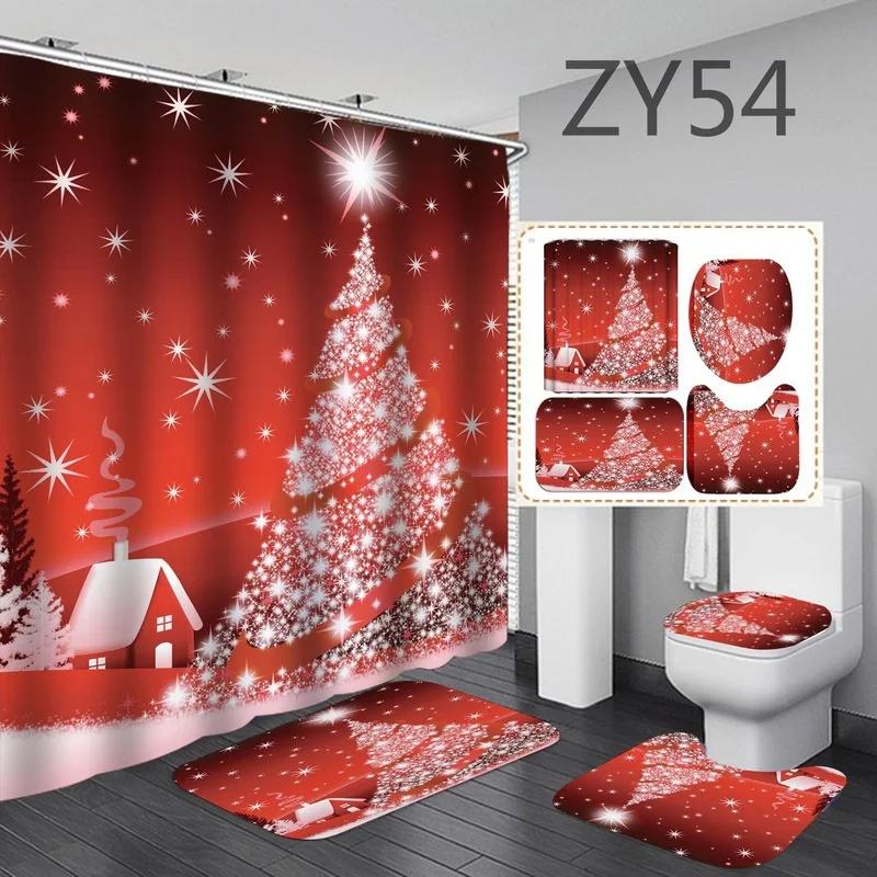 4PCS/Set Christmas Bathroom Curtains Set Santa Claus Shower Curtain Toilet Cover Mat Non Slip Rug Waterproof Shower Curtain