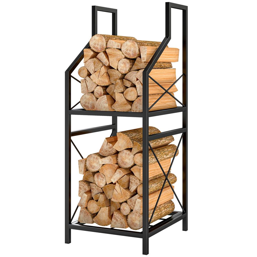 2-Level Metal Firewood Rack with Raised Base, 34x30x80 cm, Black