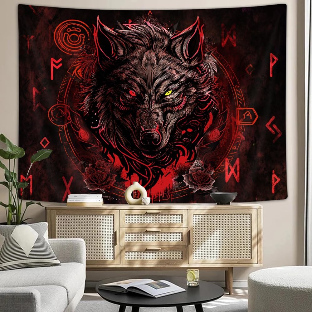 Viking Wolf Tapestry, Norse Mythology Runes Ancient Red Tapestries, Meditation Medieval Mystery Animals Ancient Art Tapestry for