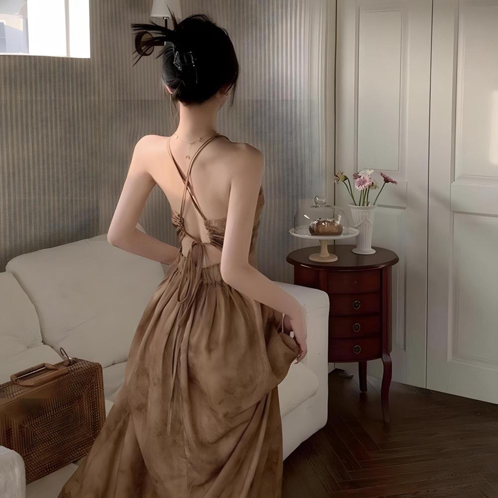 

Neck V-neck dress, sexy A-shaped skirt, women s summer retro new waist and thin vacation fashion suspender skirt XL- (recommended 110-60kg)