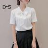 Spring Summer Women Bowknot Lace Up Collar Shirt Tops Long Sleeve Solid Color Casual Chiffon Blouse Workwear