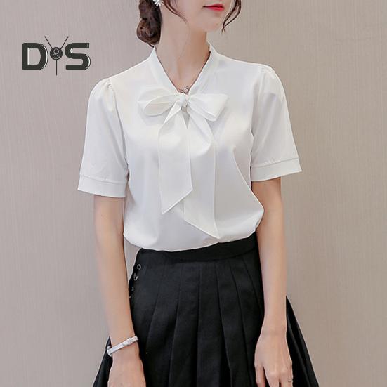 Spring Summer Women Bowknot Lace Up Collar Shirt Tops Long Sleeve Solid Color Casual Chiffon Blouse Workwear