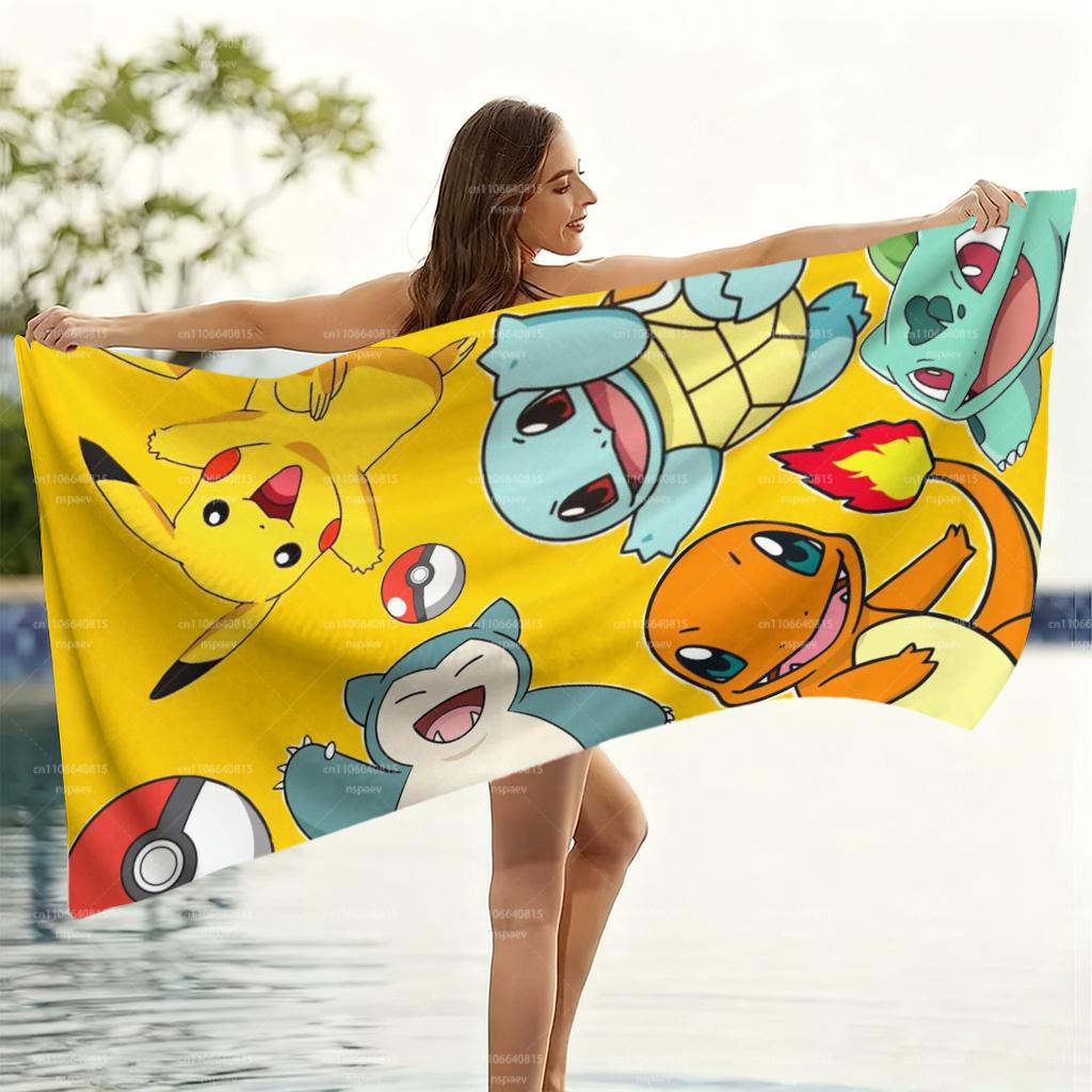 Pokemon Cartoon Beach Towel, Soft Absorbent Quick Dry Bath Towel, Cute Pikachu Charmander Print Swim Towel, Kids Gift, Flat Prin
