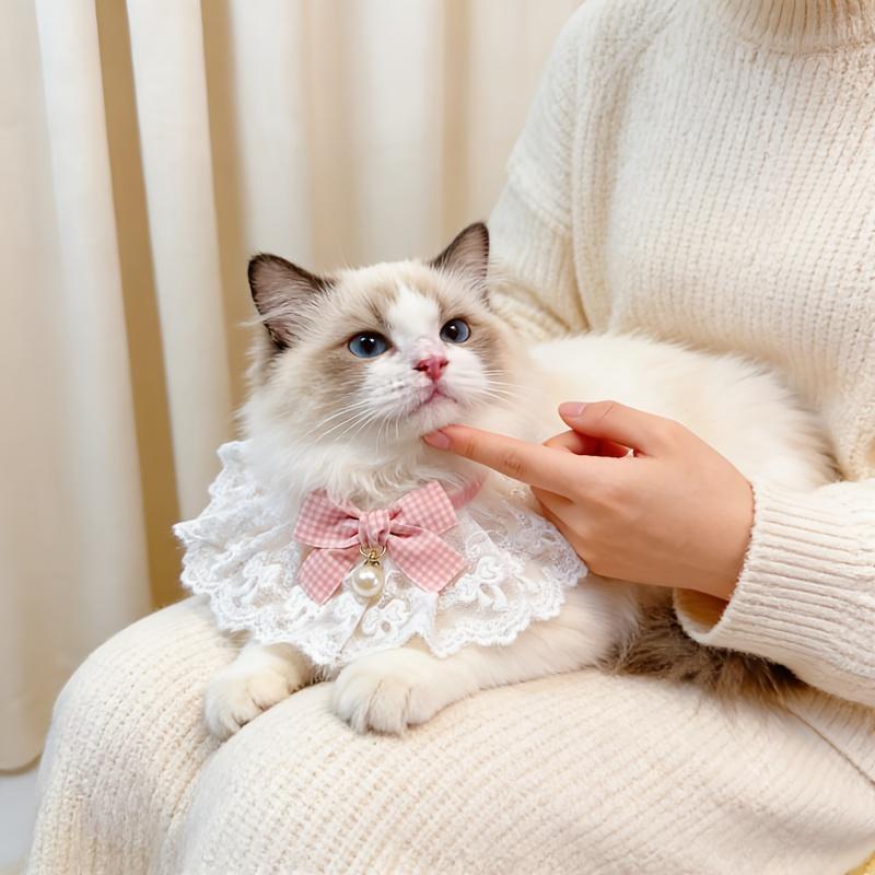 Pearl Bow Lace Pet Scarf, Checkered Adjustable Collar for Cats & Dogs, Party Photo Accessory