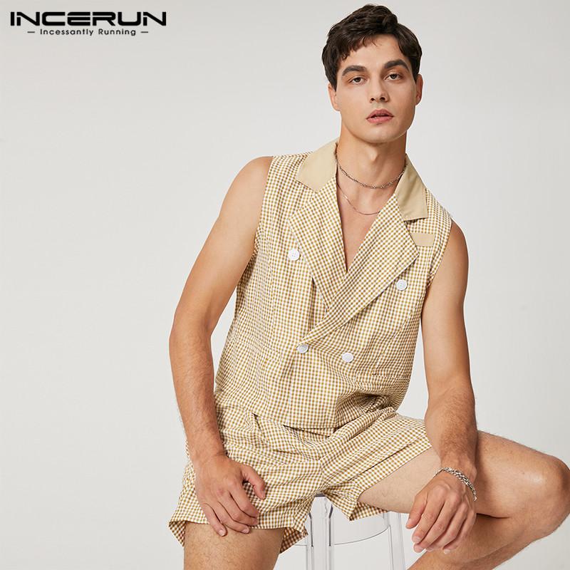

INCERUN Мужской летний комплект с жилетом и шортами в клетку