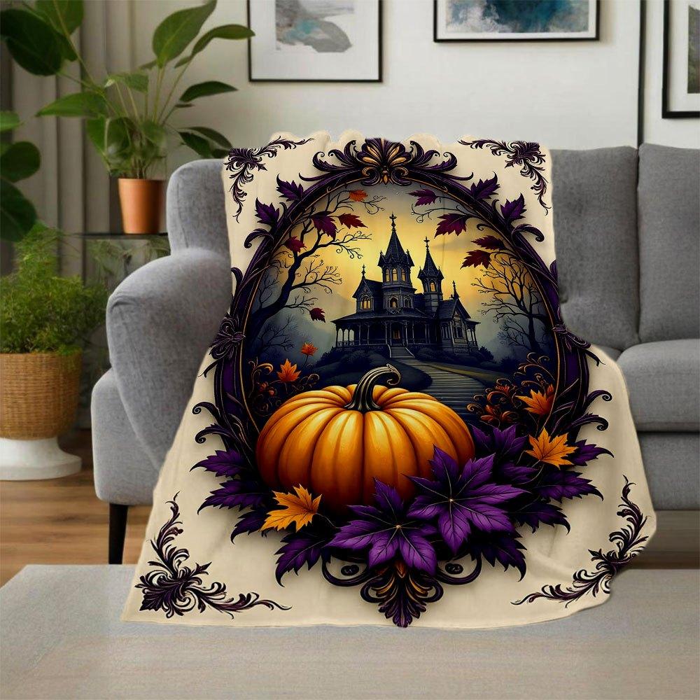 Halloween Haunted House with Pumpkin and LeavesBlanket Flannel Throw Blanket for Sofa, Bed, Travel, Camping, Office, Couch, Chair