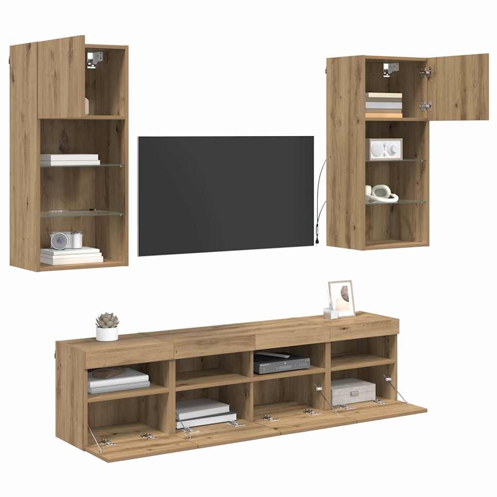 Wall Mounted TV Unit with LED Lighting 5 pcs Artisan Oak Finish 40.5 x 30 x 90 cm