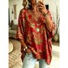 Women's Retro Red Leaf Floral Print Oversized V-neck Pullover, Bat-sleeved Short-sleeved Bohemian Loose Shirt