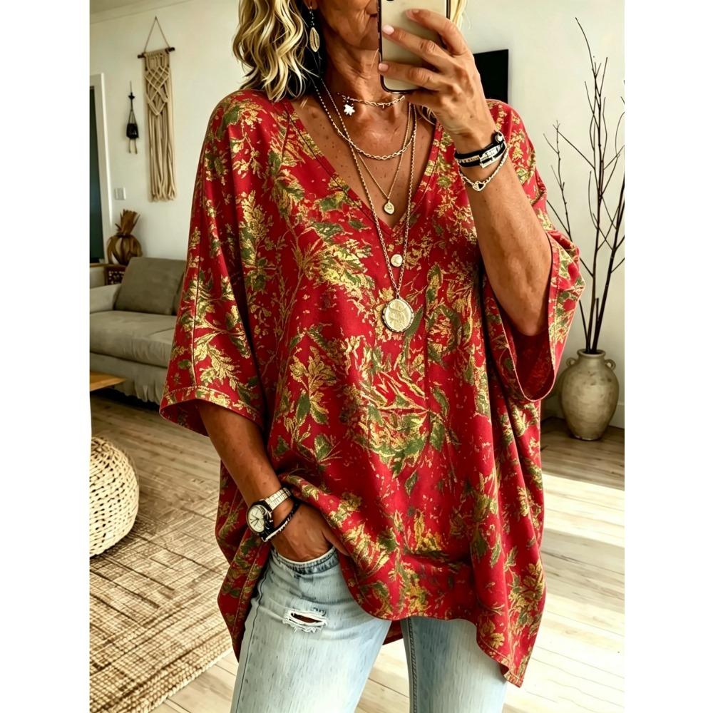 Women's Retro Red Leaf Floral Print Oversized V-neck Pullover, Bat-sleeved Short-sleeved Bohemian Loose Shirt