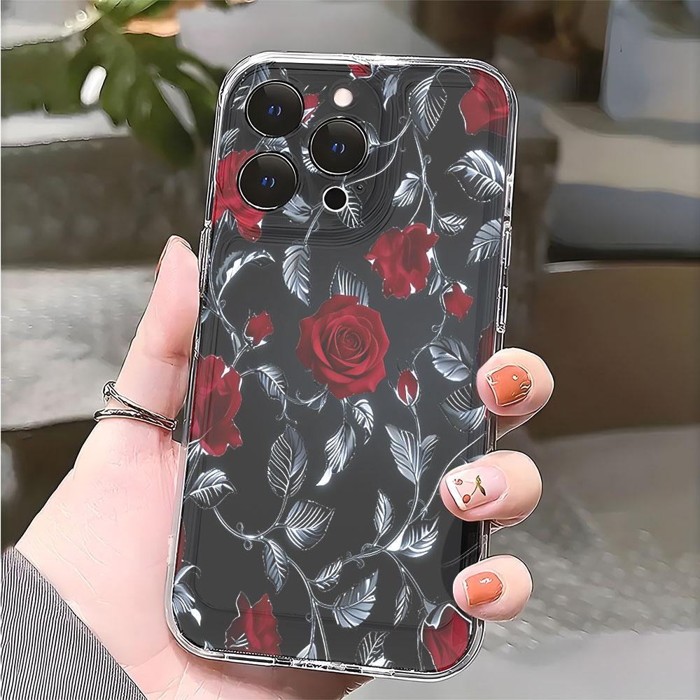 Red Roses with Silver Vines lucency Phone Case for IPhone 14 15 16 13 12 11 17 Pro Max 12 13 Mini Soft Cover