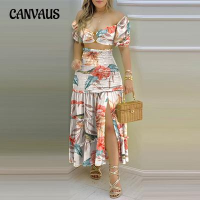Conjunto de falda dividida con top estampado de un hombro de verano para mujer