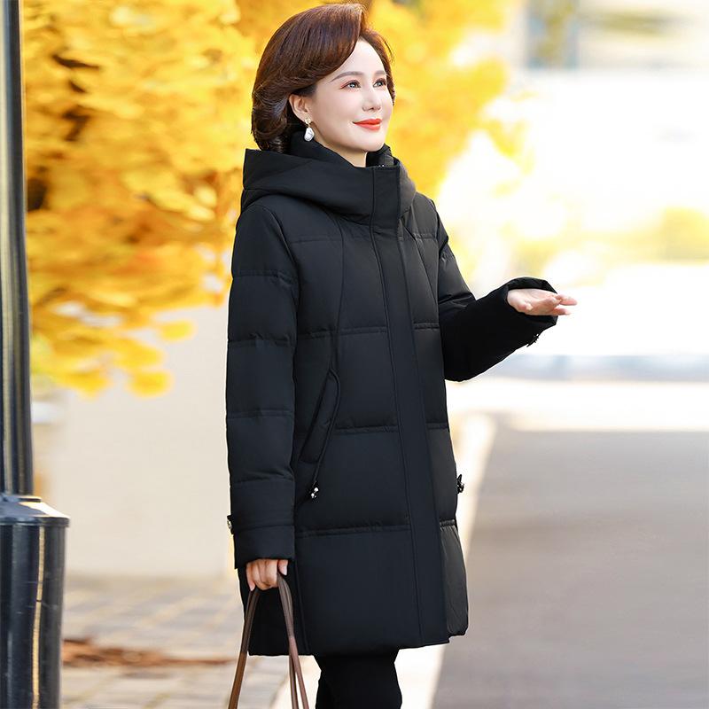 New Hooded Down Jacket Women's Long Winter Loose White Duck Down Coat for Middle-aged and Elderly Grandma.