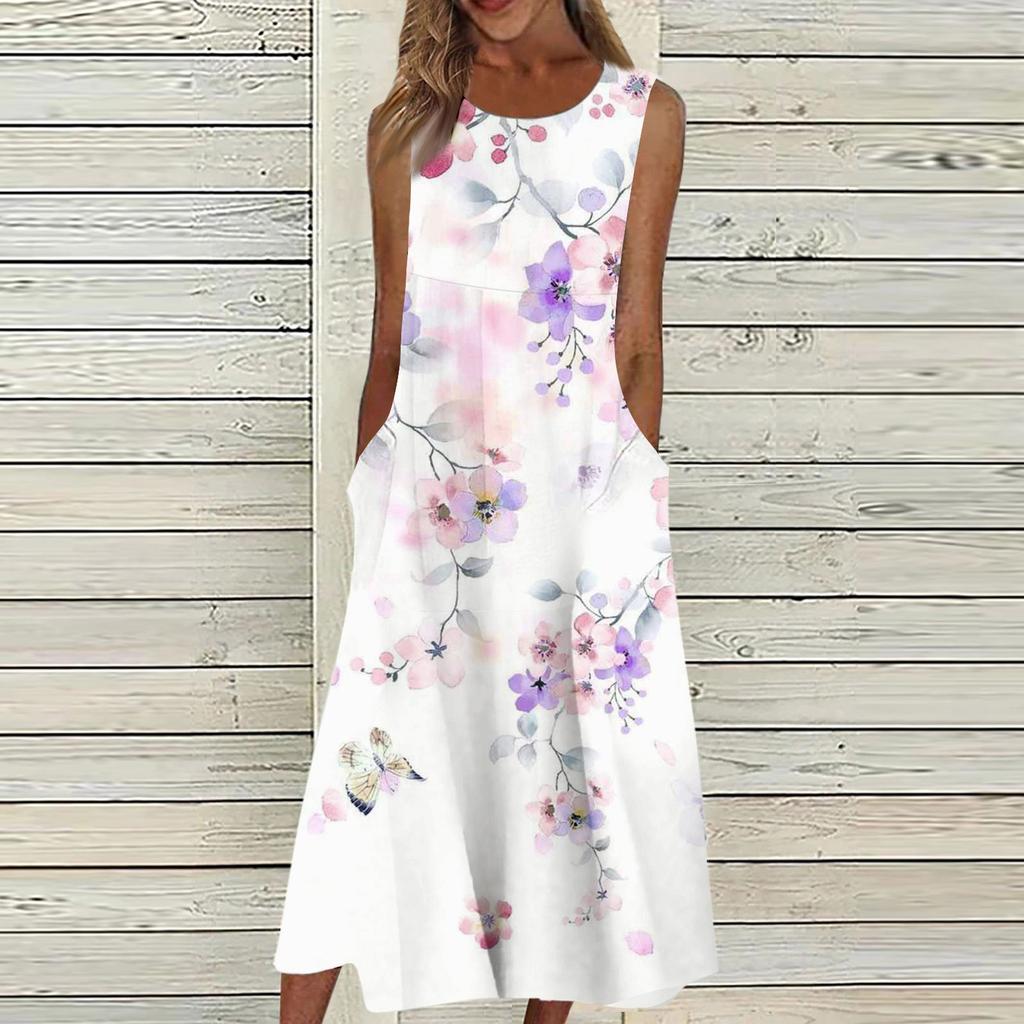 Dámské neformální tištěné šaty s kulatým výstřihem, základní klasické venkovní denní šaty bez rukávů volné