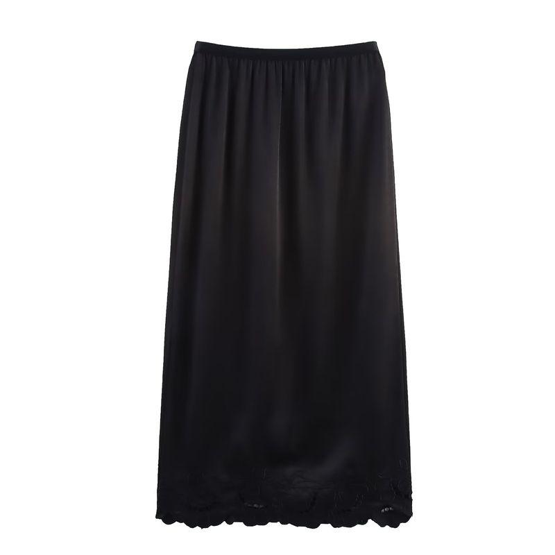 Kaslead New Women Clothes Western Style Carved Hole Embroidery Flower Acetate Satin Split Elastic Waist Skirt