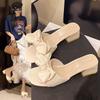 2025 summer new thick heel one-word bow sweet and gentle evening wind literary matching skirt high heel cool slippers women