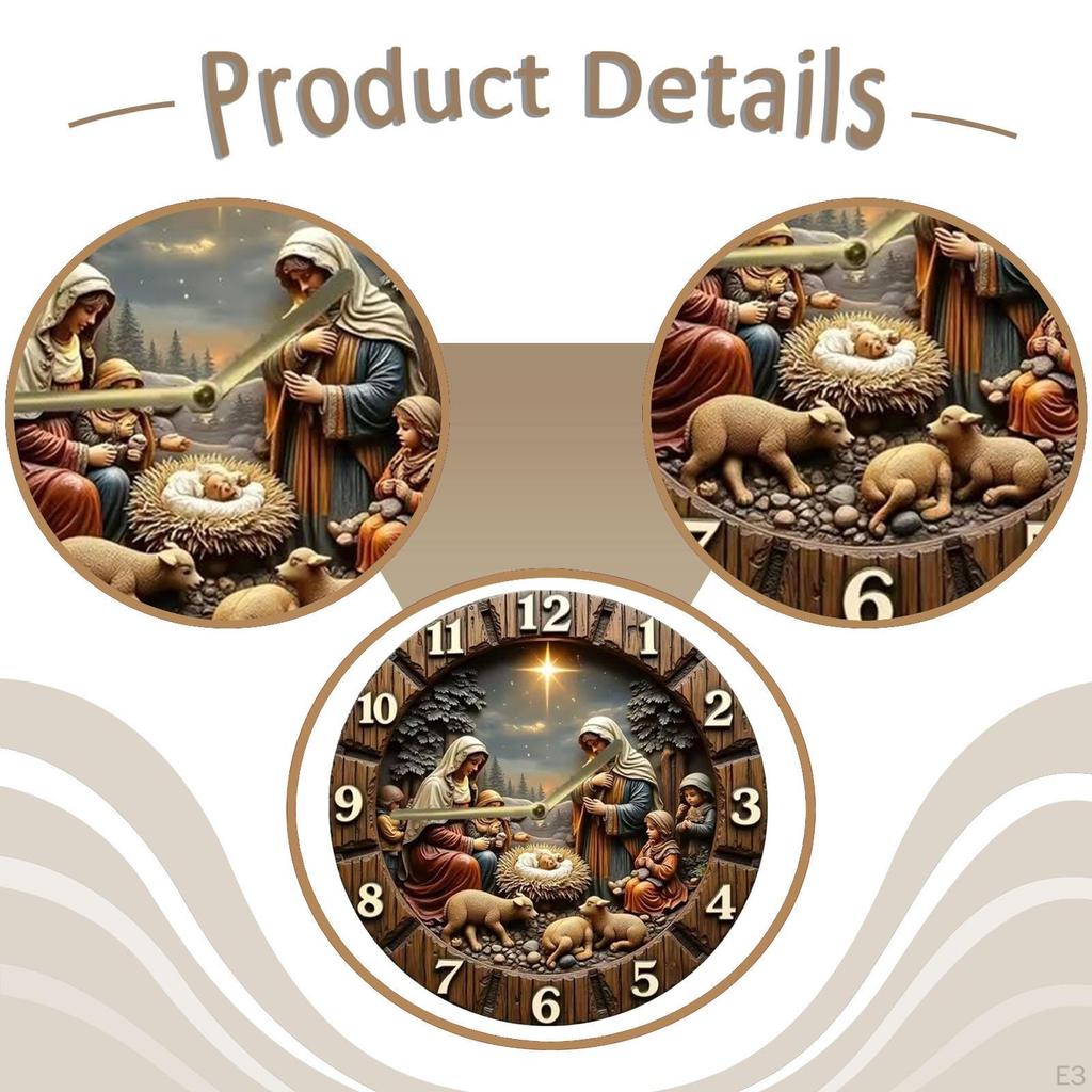 Nativity Scene Wall Clock Arabic Numerals Decorative Religious Easy Read Wood Birth of Jesus