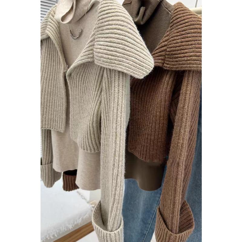 Elegant Knitted Cardigan Women Short Sweater Jacket Spring and Autumn Long Sleeve Casual Korean Fashion Lapel Coats Solid Simple Office Clothes