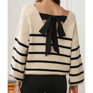 European and American autumn and winter sweaters women's fashion and sexy striped one-word collar shoulder-down knitted top