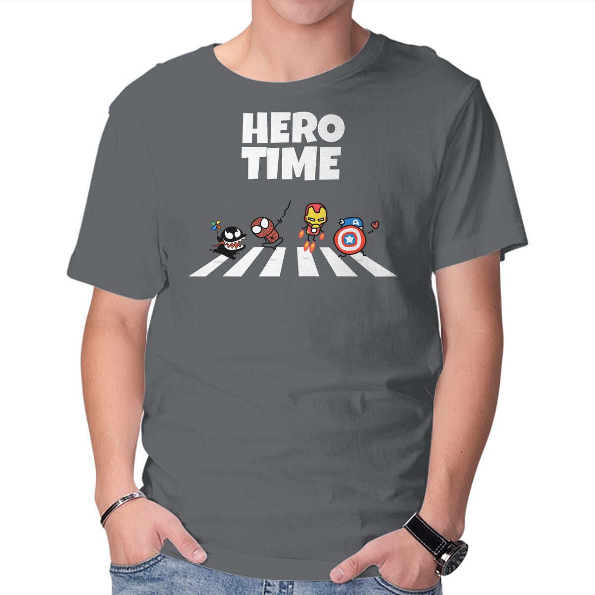 Unisex Crew Neck T-Shirt Hero Time Graphic Short Sleeve Casual Tee S