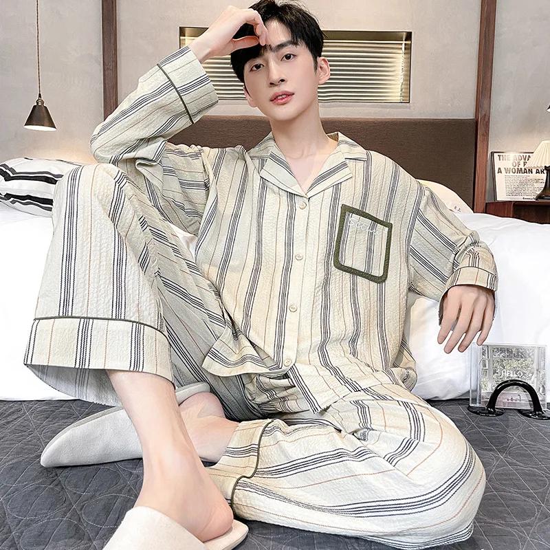 Plaid Style Men's Pajamas Set Spring Cotton Male Pajamas Sets Young Boy Sleepwear Long Sleep Tops + Pant 2pcs/set Pjs