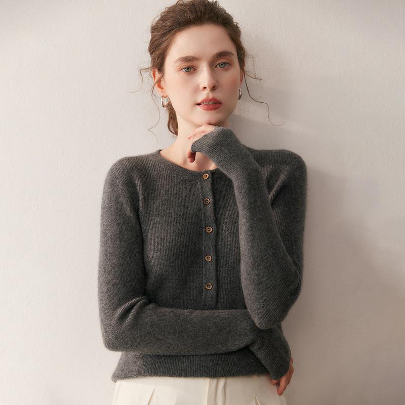 New Cashmere Wool Round Neck Single-Breasted Sweater - Versatile Loose Fit for Autumn/Winter