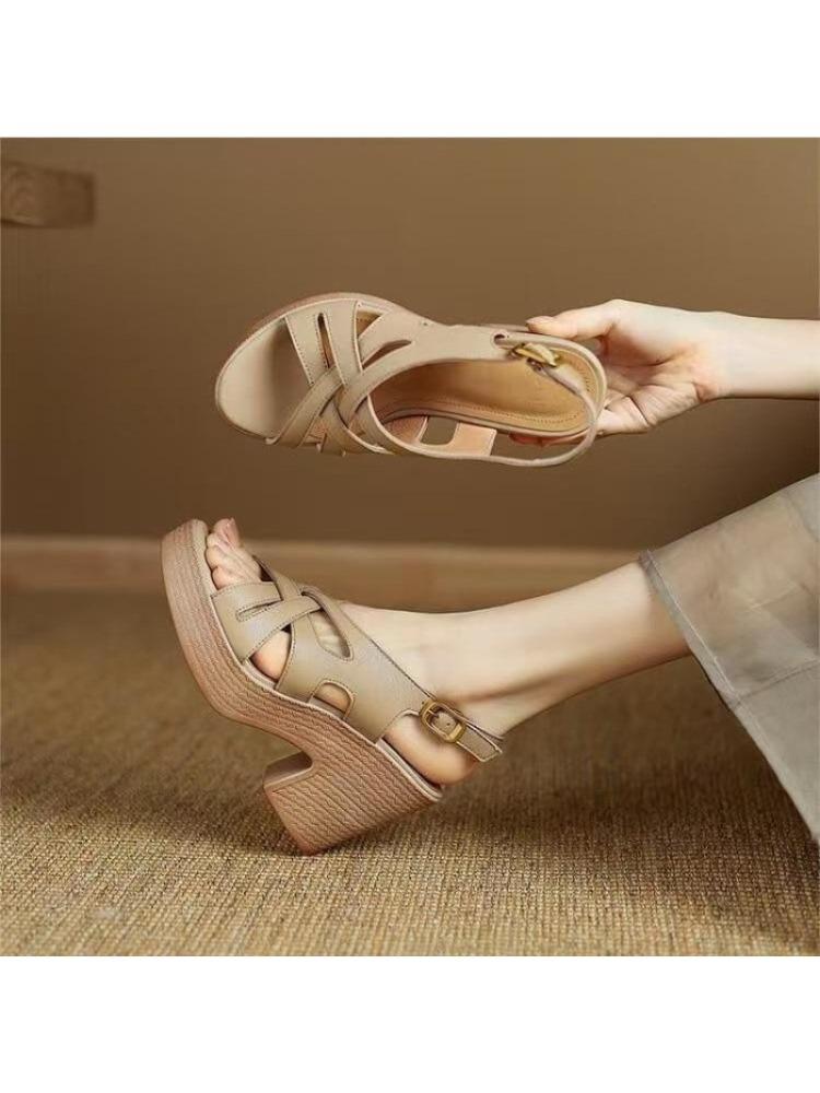 Fashion High-heeled Thick-soled Woven Sandals 2025 Summer Thick-heeled Slope Heel Open-toe Cross-strap Roman Women's Shoes