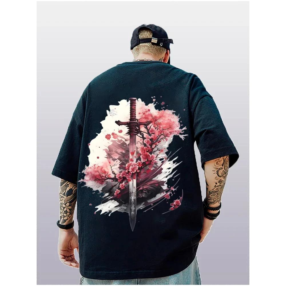 ETST 07 Oversized modieus heren-T-shirt met Japans pruimenbloesempatroon 3D-print losse street trend T-shirt voor herenkleding XL