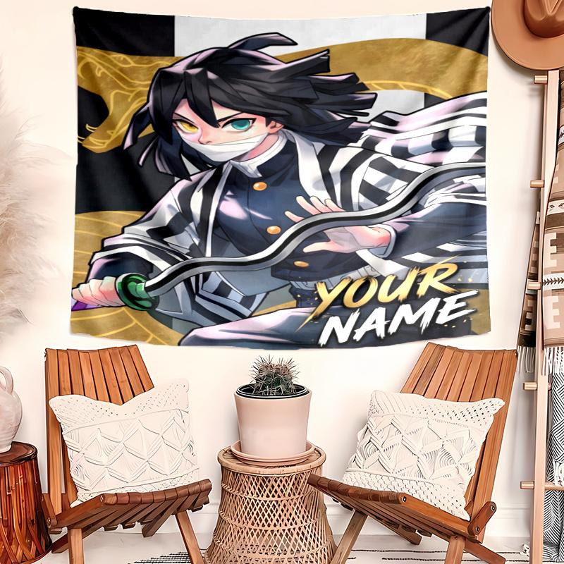 Iguro Obanai Tapestry with Custom Name Wall Hanging Room Background Cloth Home Decor Beach Mat Yoga Mat Sofa Bed Sheet
