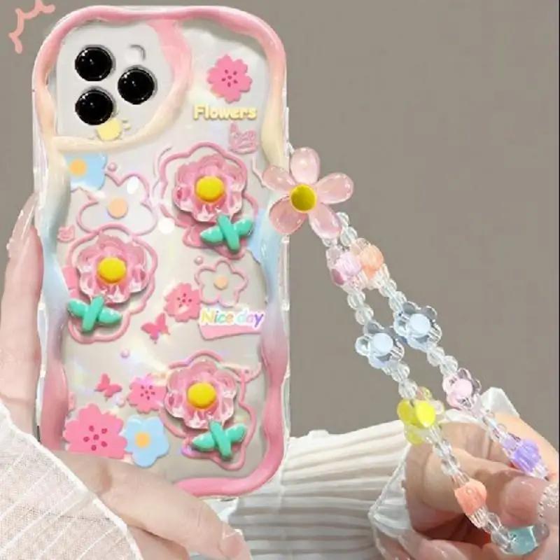 3D Pink Flower Phone Chain Clear Case for Samsung Galaxy S26 S25 Plus S23 S24 Ultra FE S25FE A57 A37 A17 A56 A16 A55 A54 A15 5G