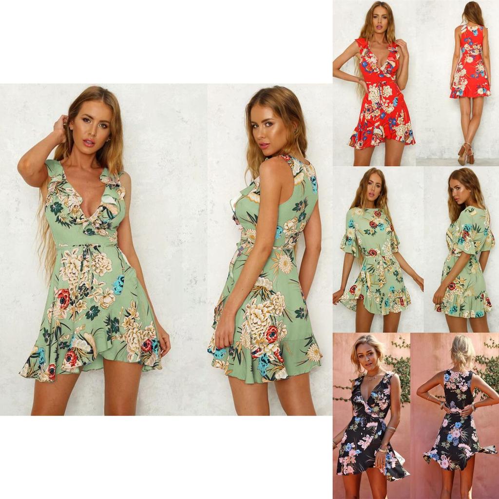 Stylish Womens Mini Ladies Dress Floral Print Ruffle V Summer Beach Sundress For Every Occasion