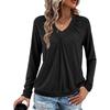 Women's V-neck Pleated Solid Color Casual Long-sleeved Loose T-shirt Top