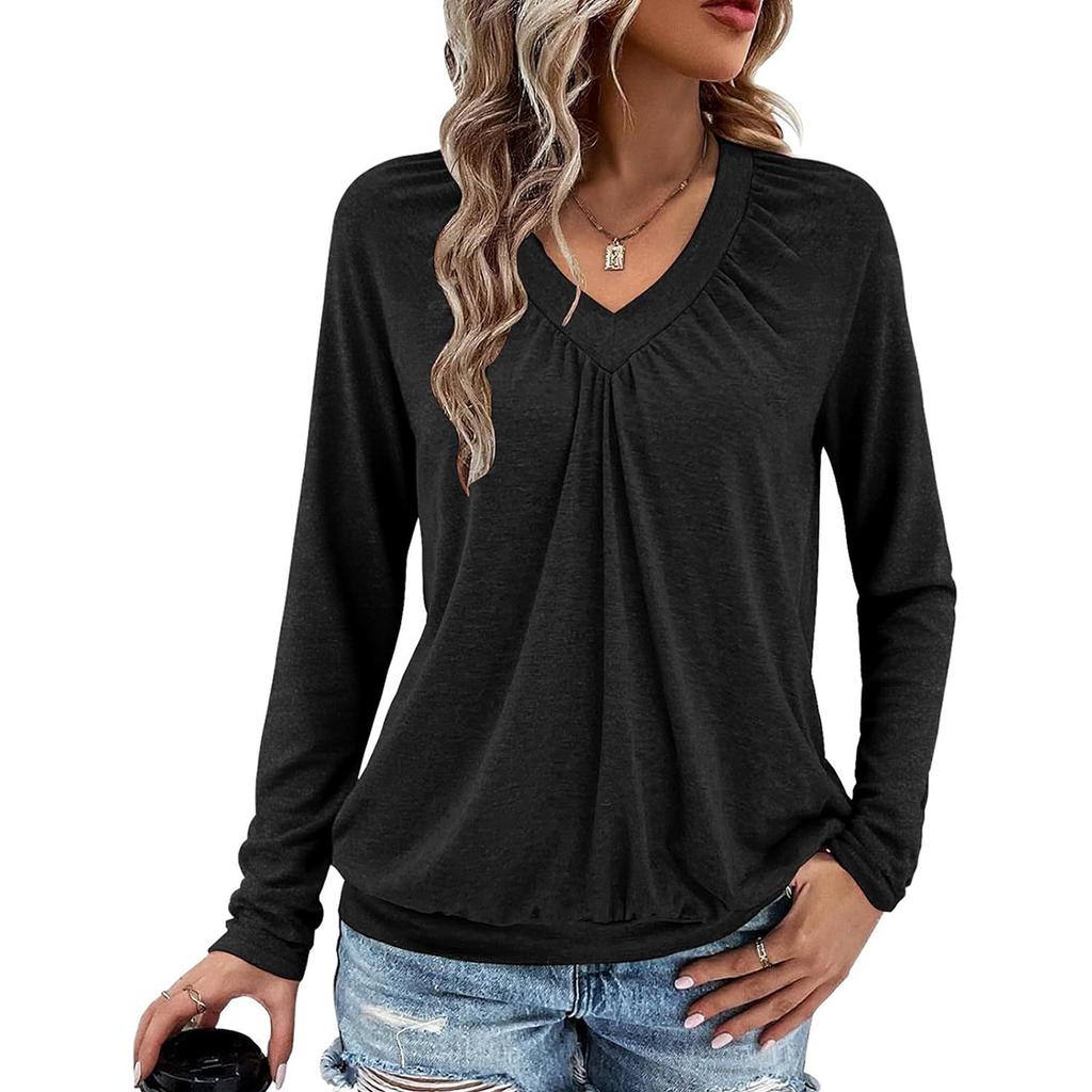 Women's V-neck Pleated Solid Color Casual Long-sleeved Loose T-shirt Top